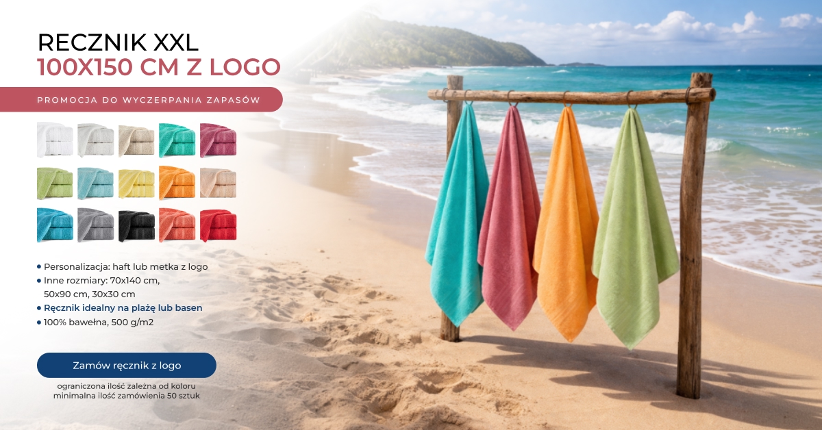 ręcznik z logo firmy plażowy duży bawełna 500g XXL haft metka_1200x628 baner