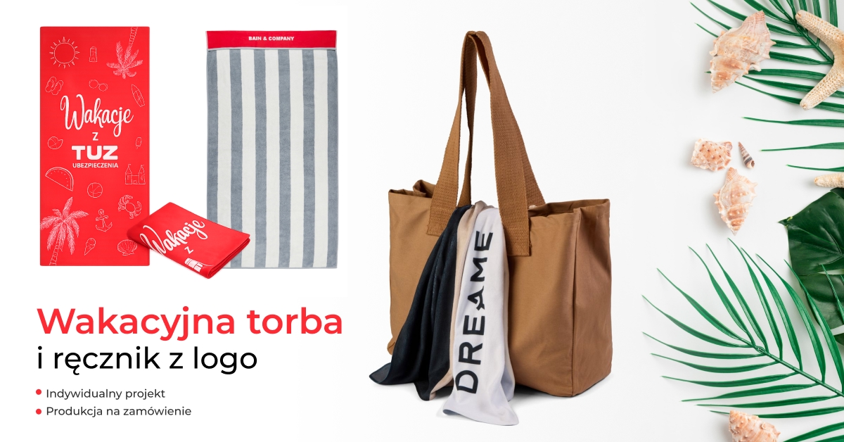 zestaw ręcznik torba z logo firmy lato wakacje gadżet zestawy dla marek nadruk grawer_1200x628 baner